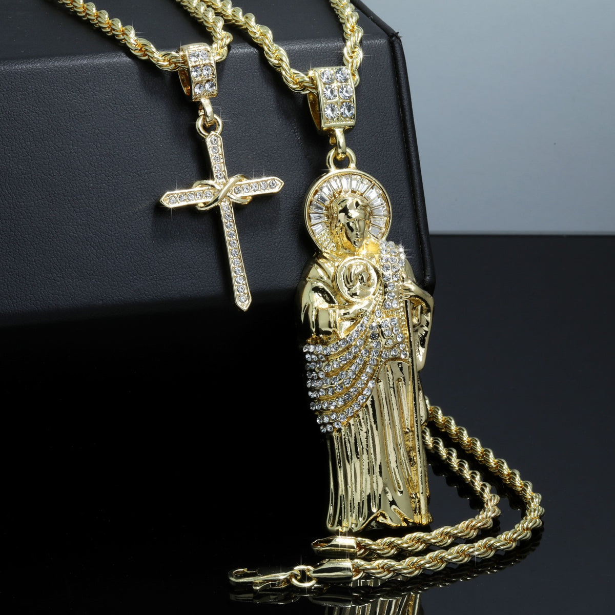San Judas & Infinity Cross Pointed Iced CZ Gold 4mm Rope Chain