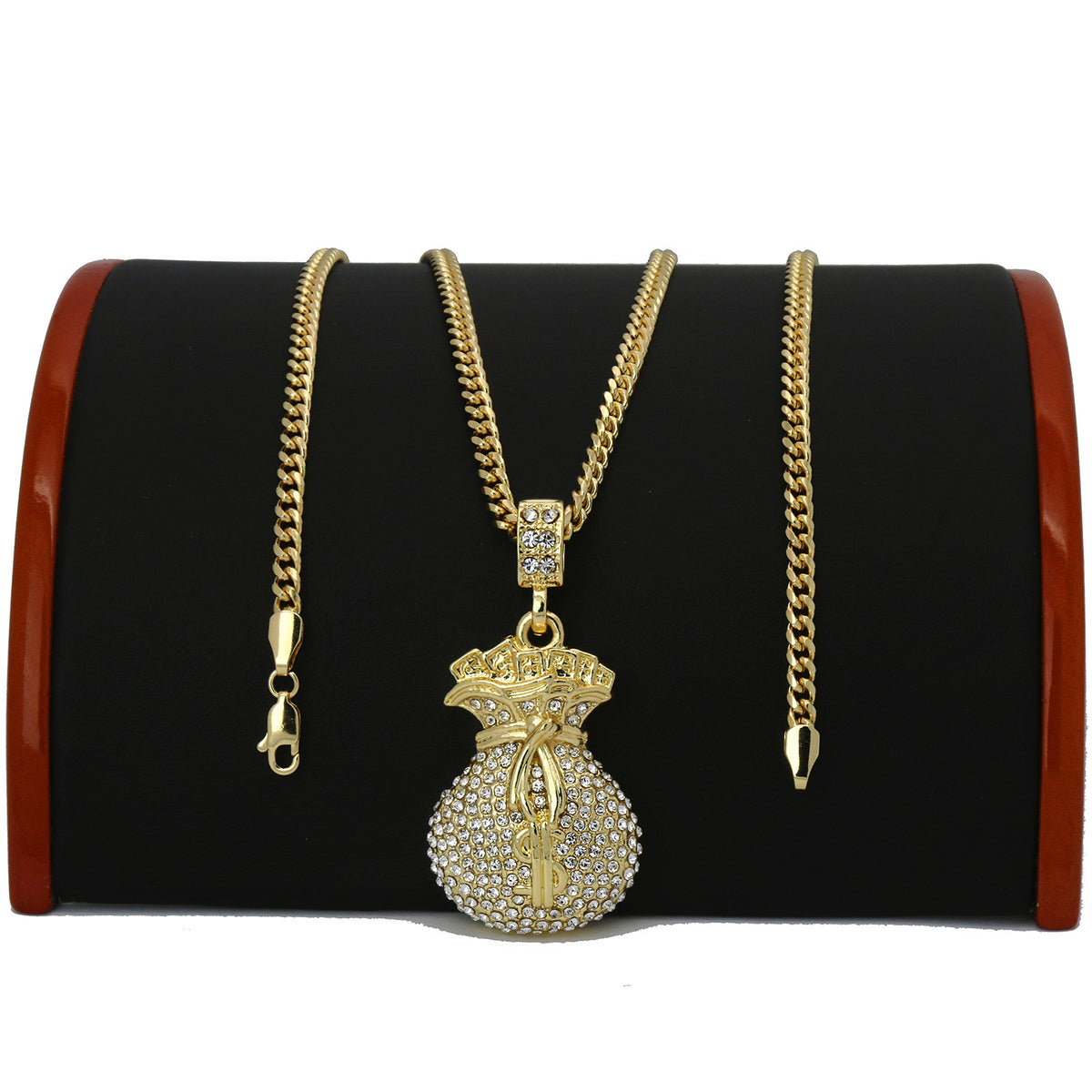 14k Gold Cash Money Bag $ CZ Pendant Cuban Chain