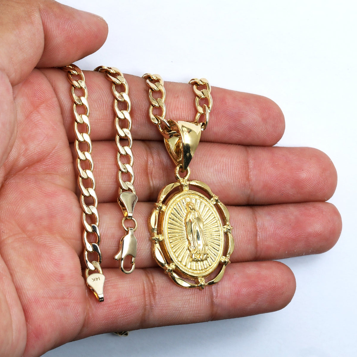 Oval Virgin Mary Charm Pendant 14k Gold 5mm 20" Cuban Choker Chain