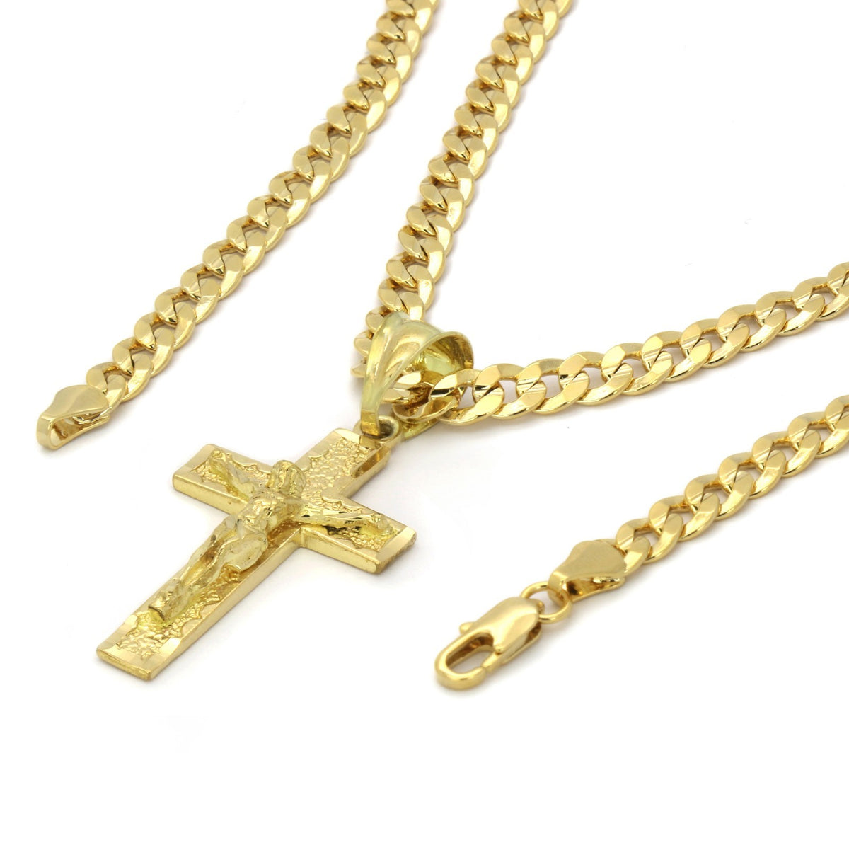 Men's 18k Gold Jesus Cross Pendant 6mm Cuban Chain Necklace (S-3)