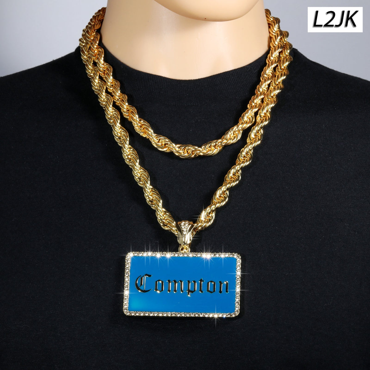 14k Rope Chain 10mm 20" & 24"In Large Gold Bar Compton Pendant