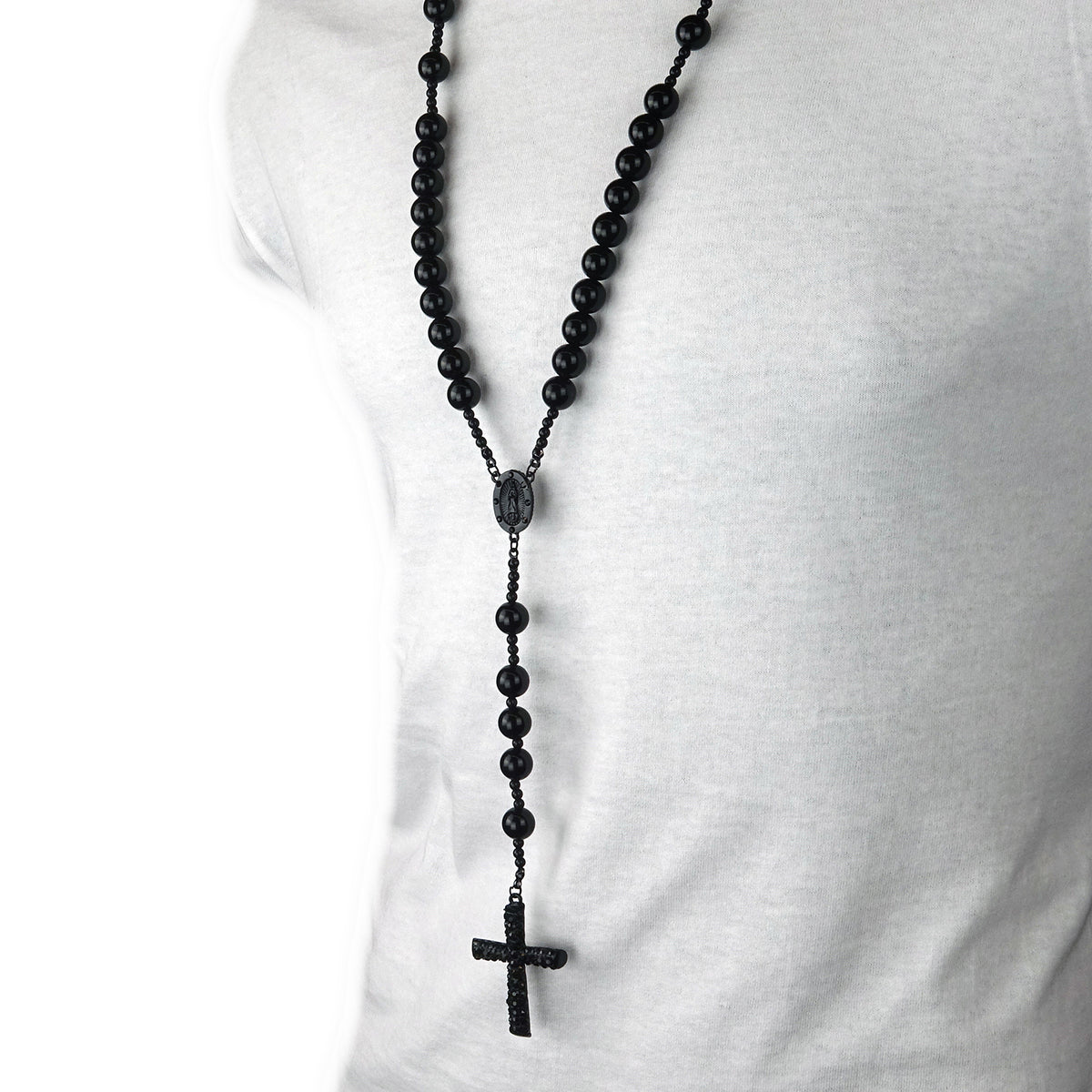Men's 15mm Black Beads CZ Guadalupe Rosary & Jesus Cross