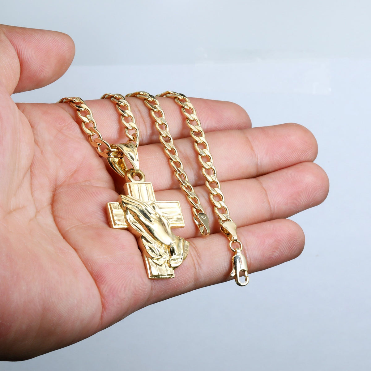 14k Cross Prayer Hand Pendant Gold Charm 20" Cuban Link Choker Chain 212
