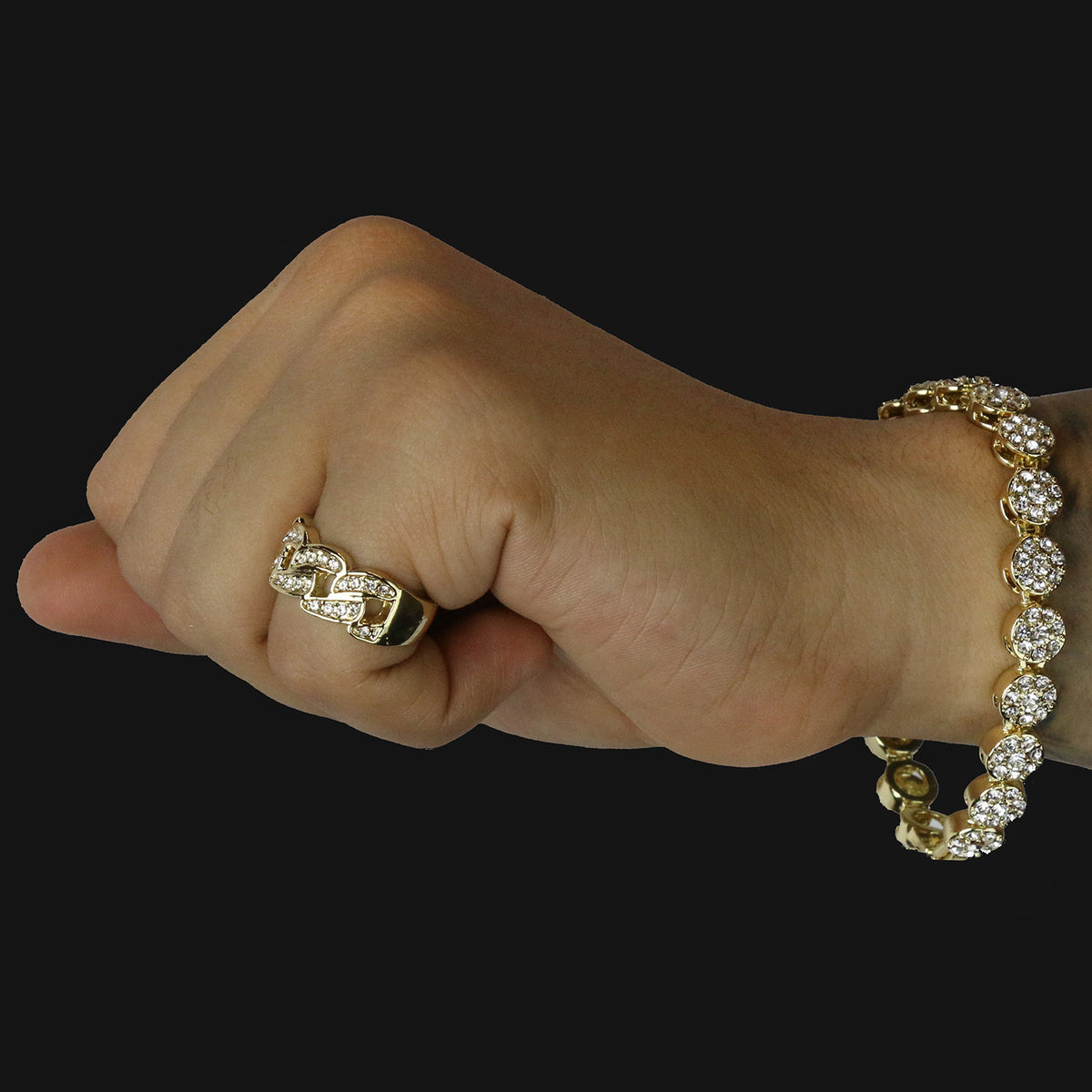 2pc Flower Bracelet Ring Set Miami CZ Cuban Link 14k Gold
