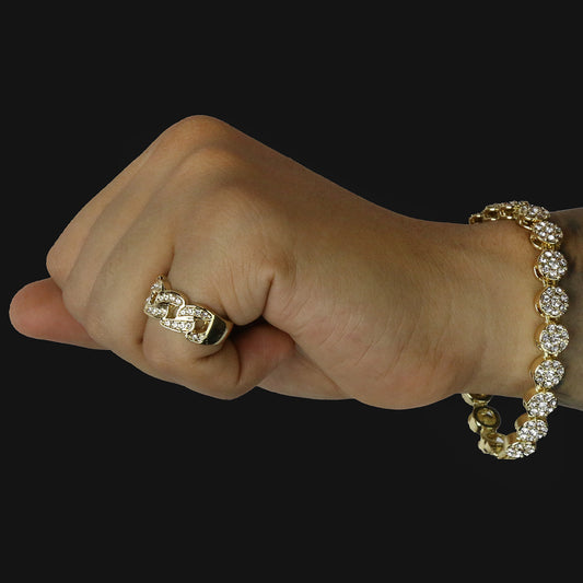 2pc Flower Bracelet Ring Set Miami CZ Cuban Link 14k Gold