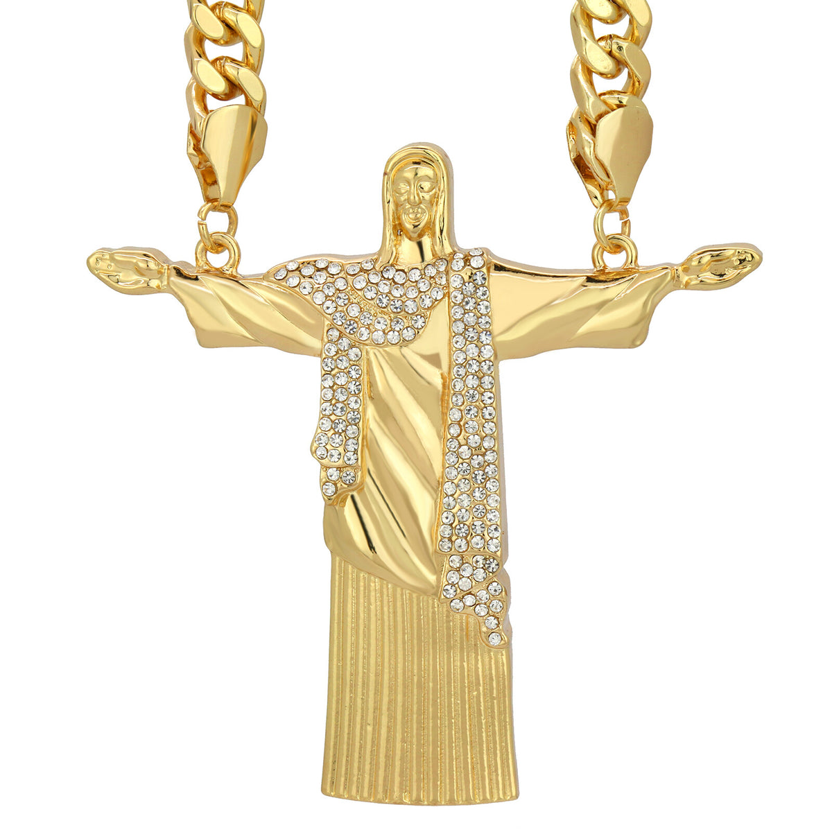 Gold Huge Christ the Redeemer Pendant CZ 30" Cuban Chain