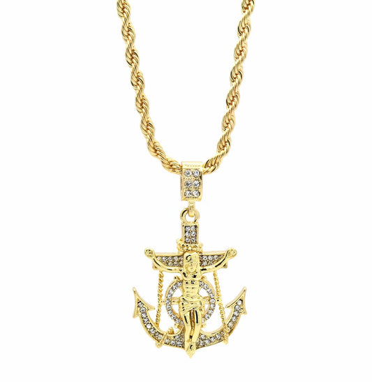 Men's 14k Gold Jesus Hook Pendant CZ 24" Rope Chain
