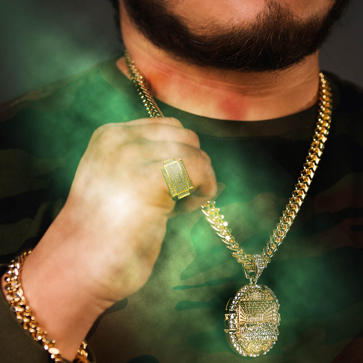 Gold Ring / Last Supper Pendant Miami Cuban Chain Bracelet