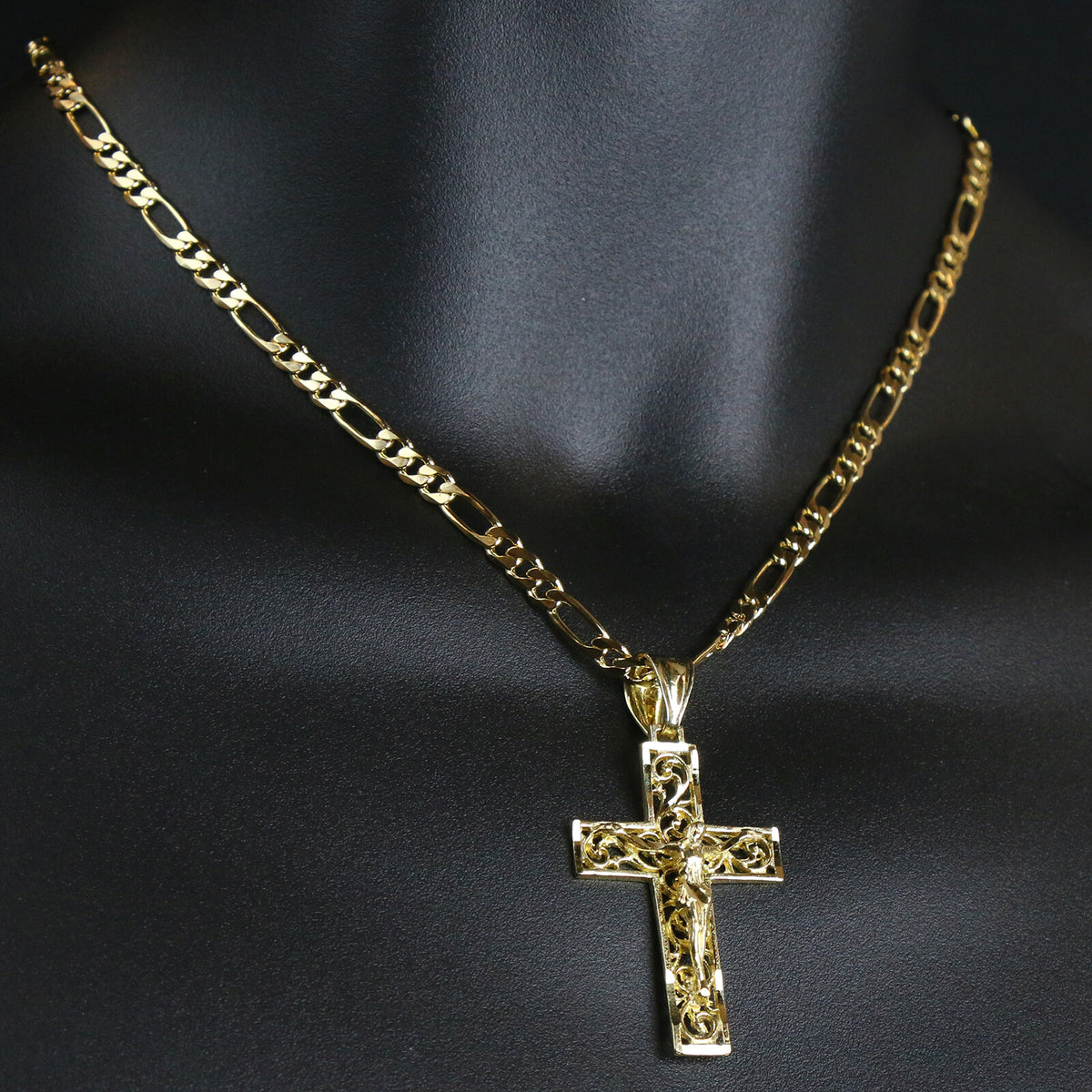 18k Gold Jesus Cross Crucifix Charm Pendant 5mm 18" Figaro Necklace Chain