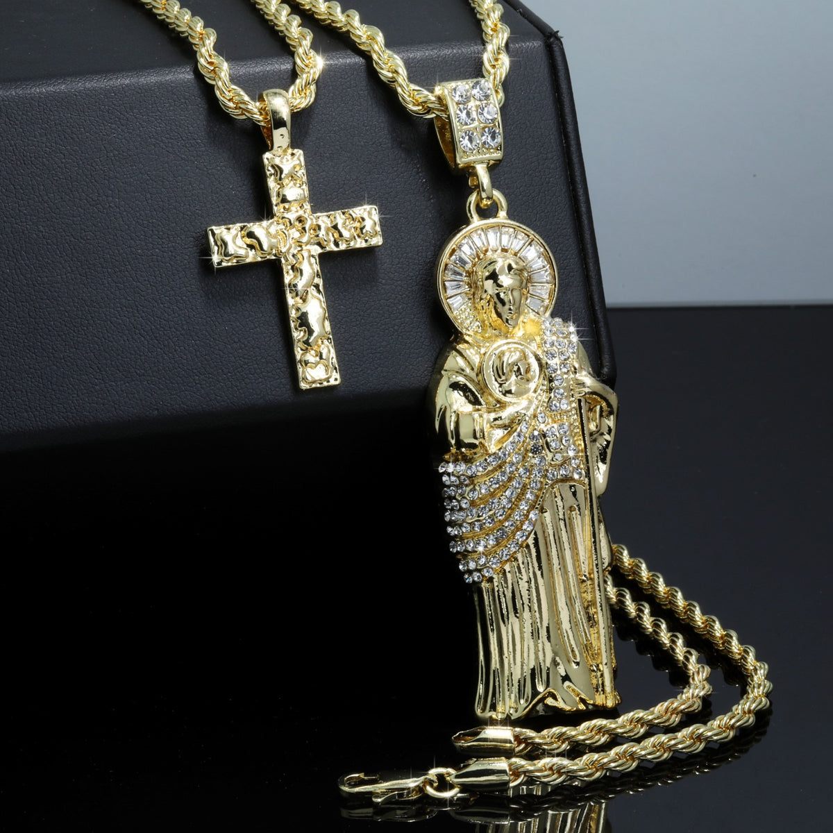 San Judas & Nugget Cross Iced CZ 14k Gold 4mm Rope Chain