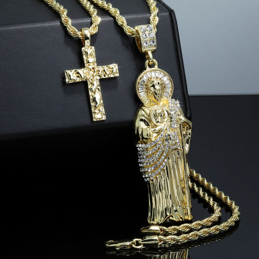 San Judas & Nugget Cross Iced CZ 14k Gold 4mm Rope Chain