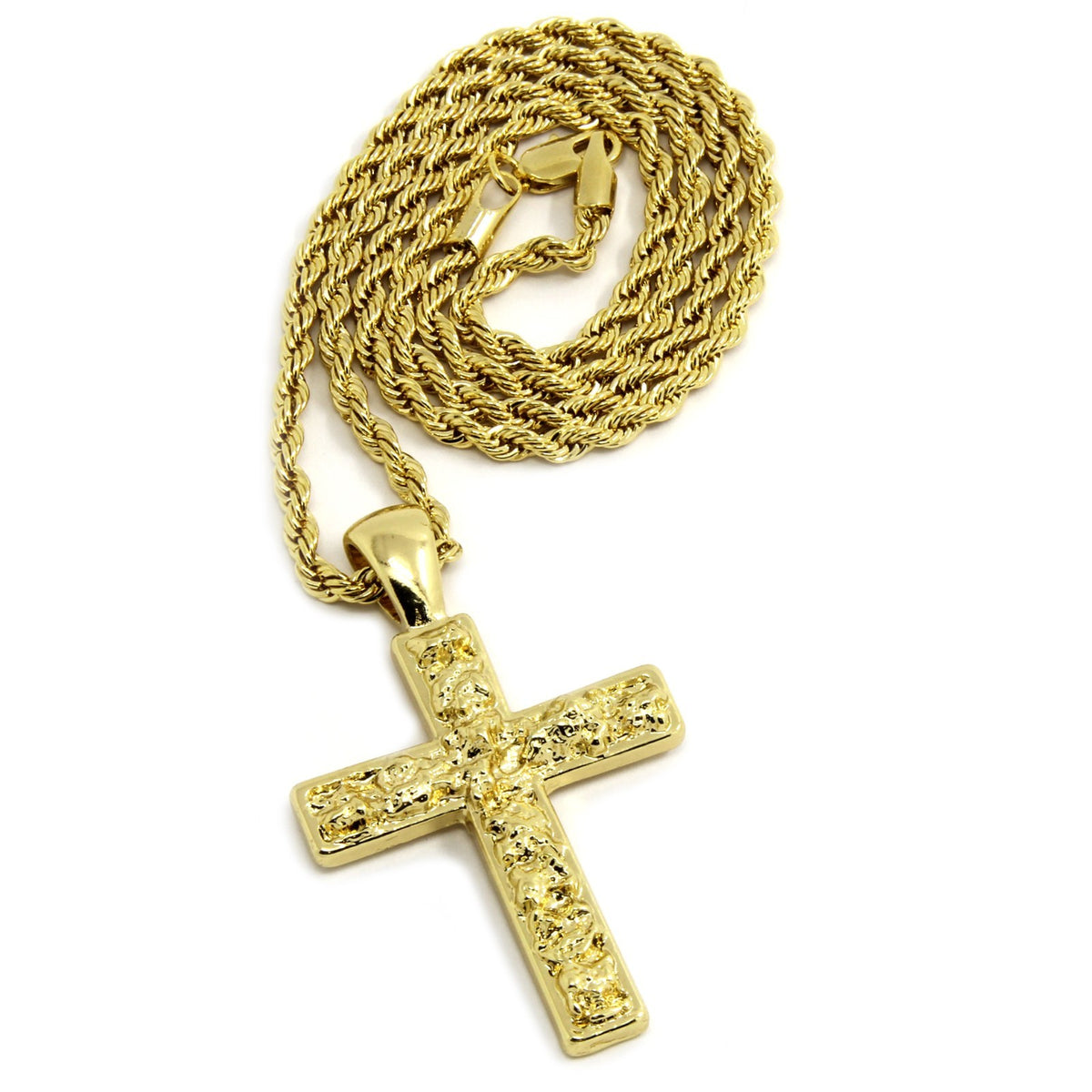 Men's 14k Gold Nugget Cross Pendant 3mm/24" Rope Chain