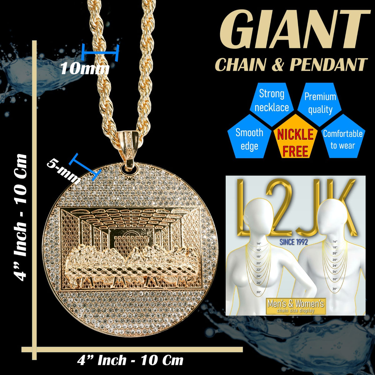 Xxl Last Supper Pendant & 9mm 30"- 36" Rope Chain Necklace Gold