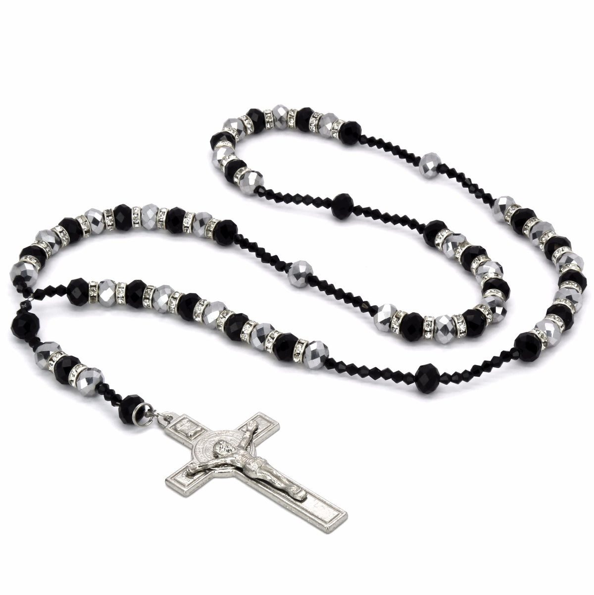 Black/gray Beads CZ Rosary Jesus Cross Religious Chain