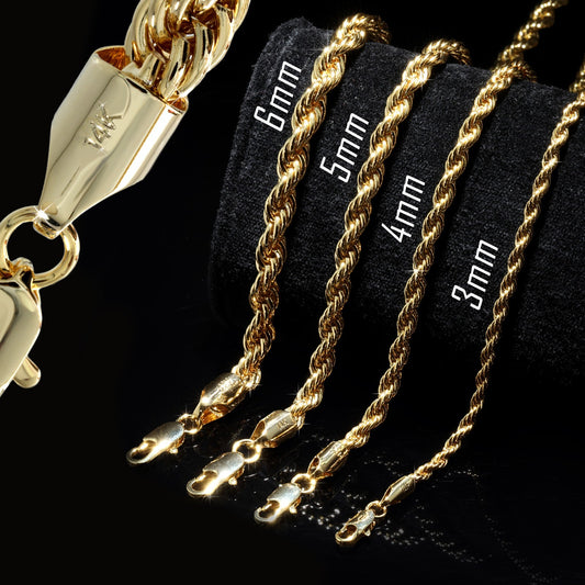 14k Gold 3mm, 4mm, 5mm & 6mm Rope Chain 20', 24" & 30" Men's Boys Necklace