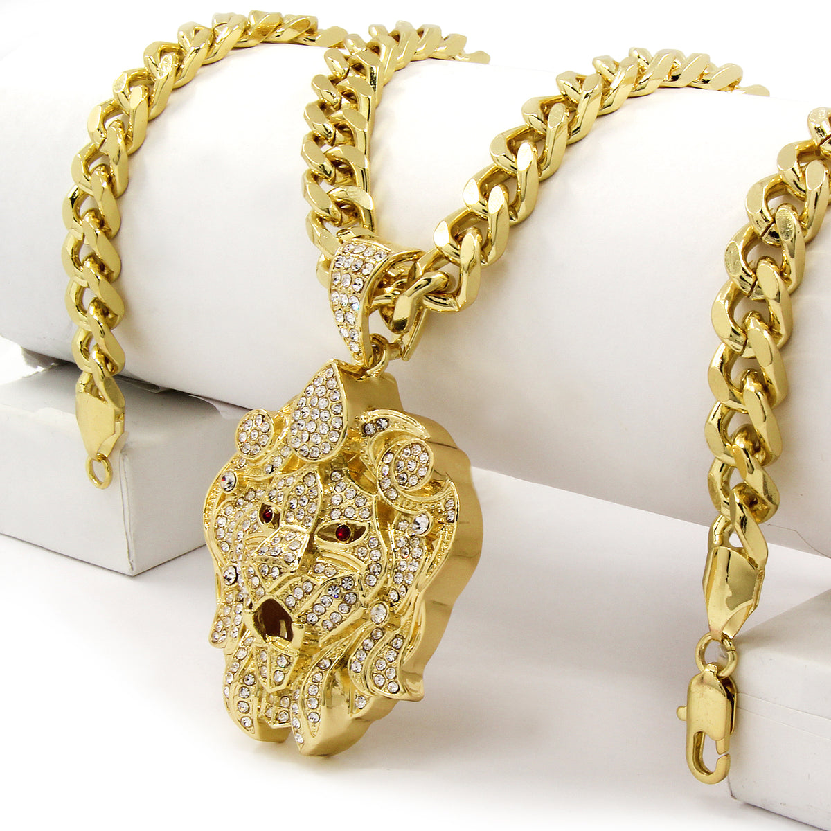 14k Gold Lion Face Pendant CZ 30" Cuban Chain