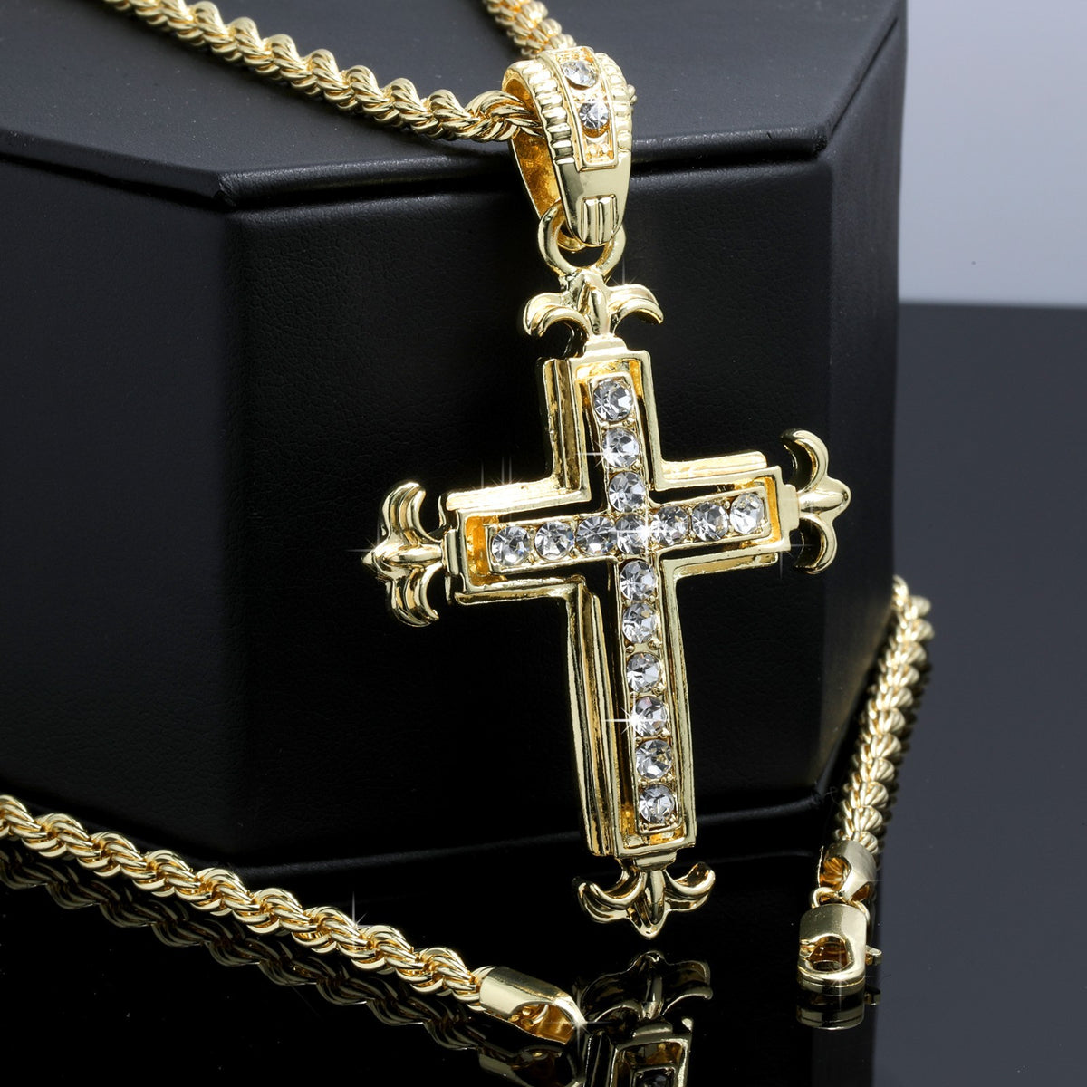Cross Fleury Pendant Rope Chain 24" 14k Gold Jewelry Men