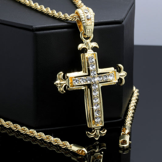 Cross Fleury Pendant Rope Chain 24" 14k Gold Jewelry Men