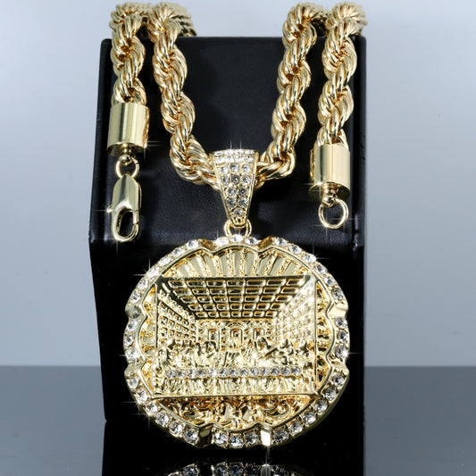Last Supper Pendant & 7mm - 10mm 30" Men Rope Chain Necklace Gold