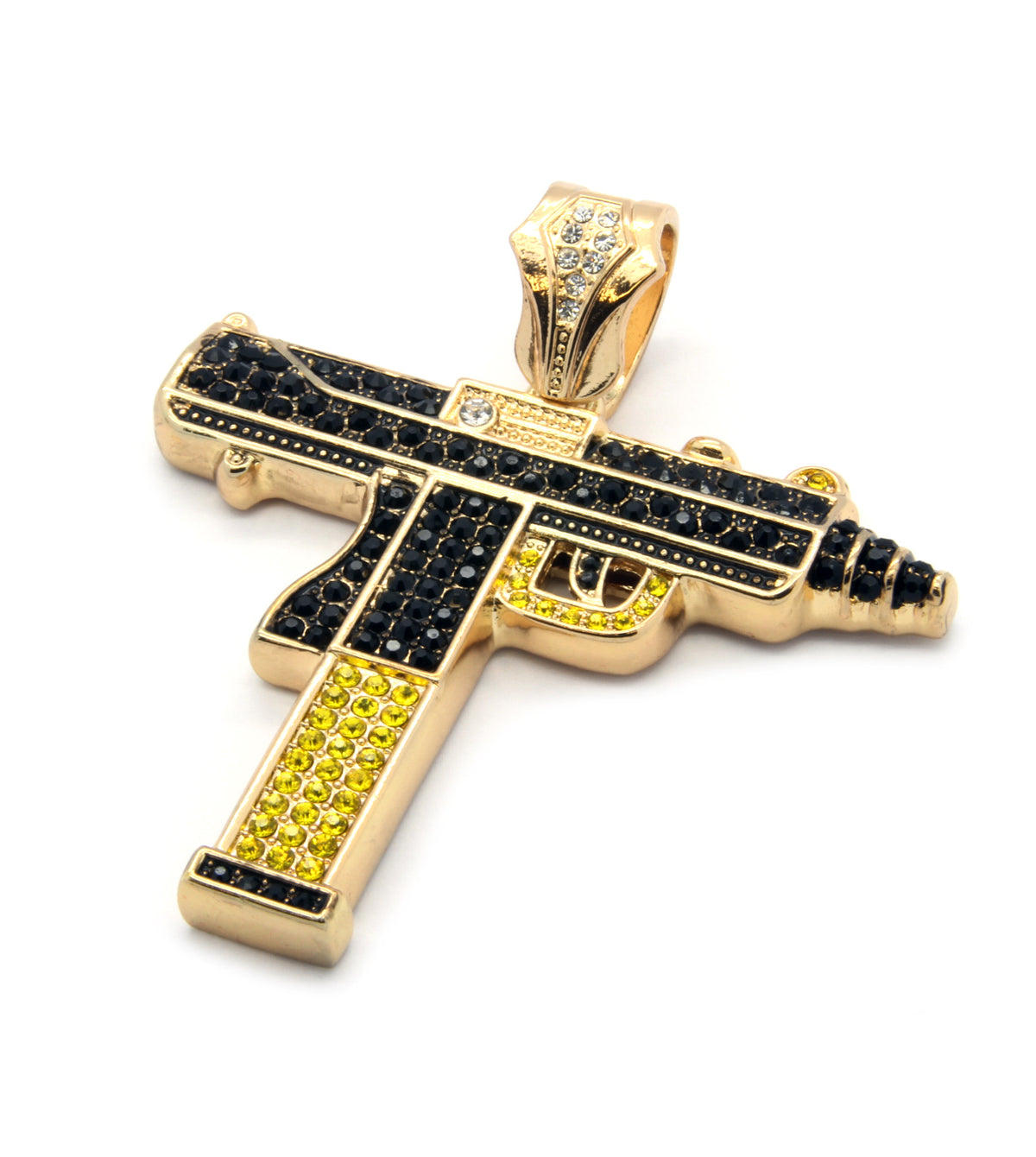 Gold Black/yellow Gun Uzi Pendant CZ 36" Franco Chain
