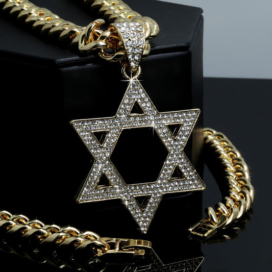 Large Slim Star of David Pendant Iced CZ 10mm Cuban Chain Gold