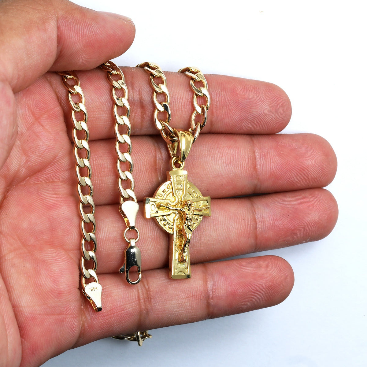 Risen Jesus Cross Charm Pendant 14k Gold 5mm 20" Cuban Choker Chain