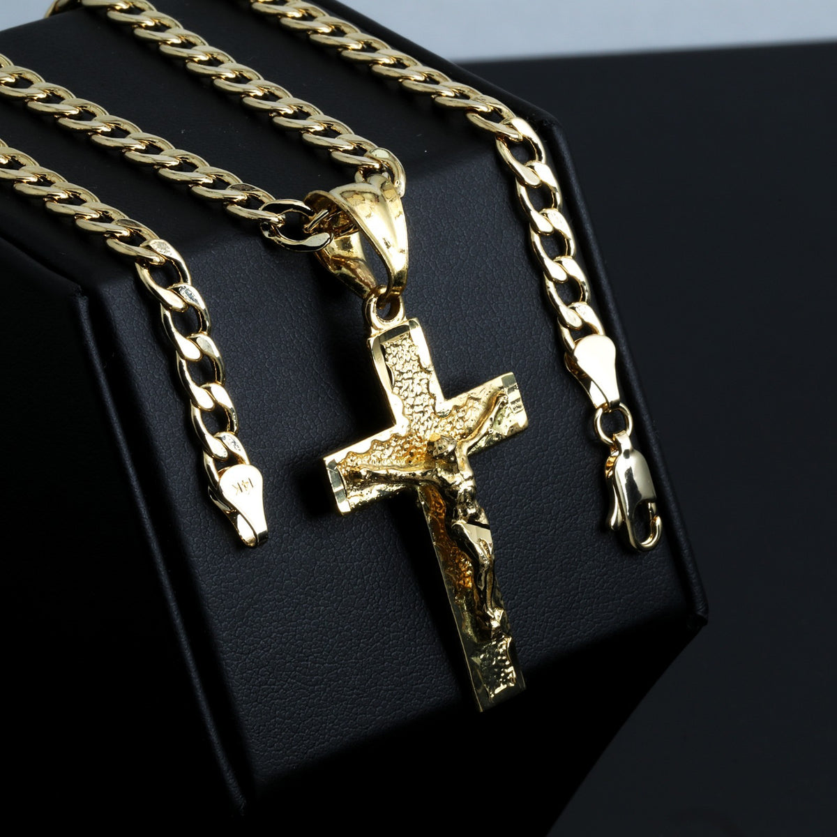 Jesus Nugget Cross 14k Gold 5mm 20" Cuban Necklace Choker Chain