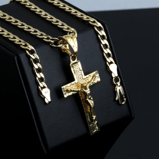 Jesus Nugget Cross 14k Gold 5mm 20" Cuban Necklace Choker Chain