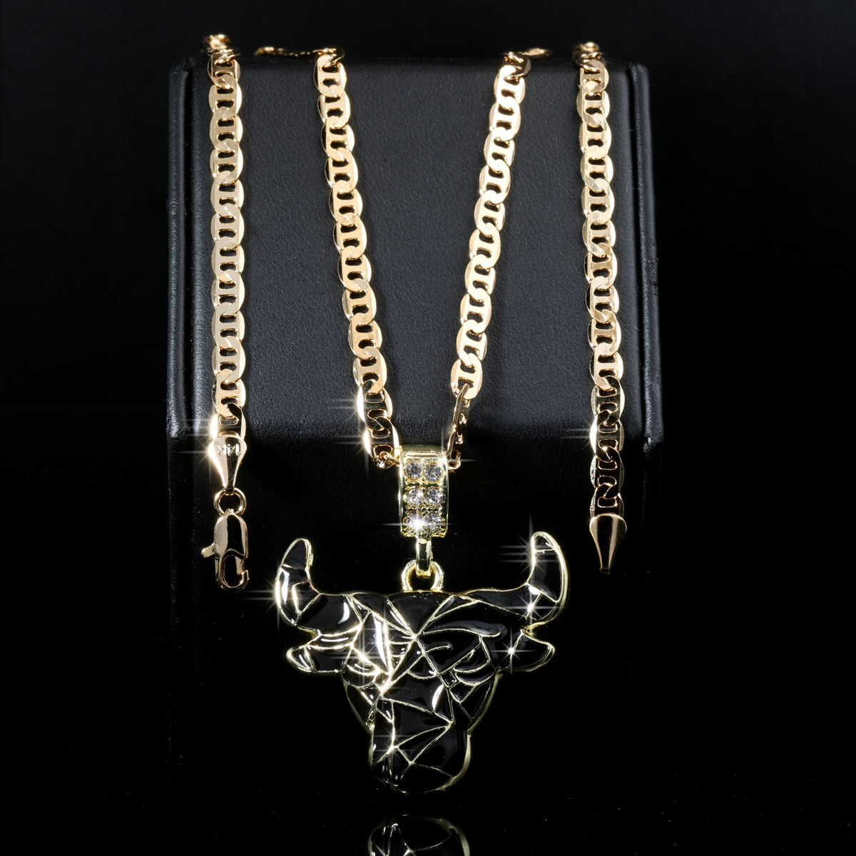 14k Gold Flat Mariner Chain Necklace 20" Bull Taurus Black Marble Gold