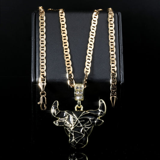14k Gold Flat Mariner Chain Necklace 20" Bull Taurus Black Marble Gold
