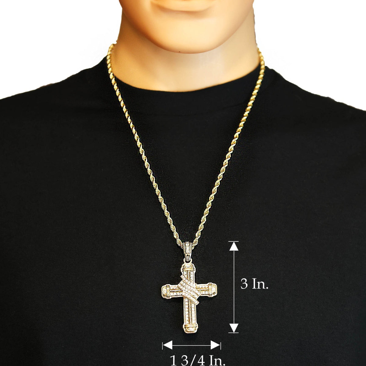 Iced Cross Pendant Banner CZ 14k Gold Rope Chain for Men's