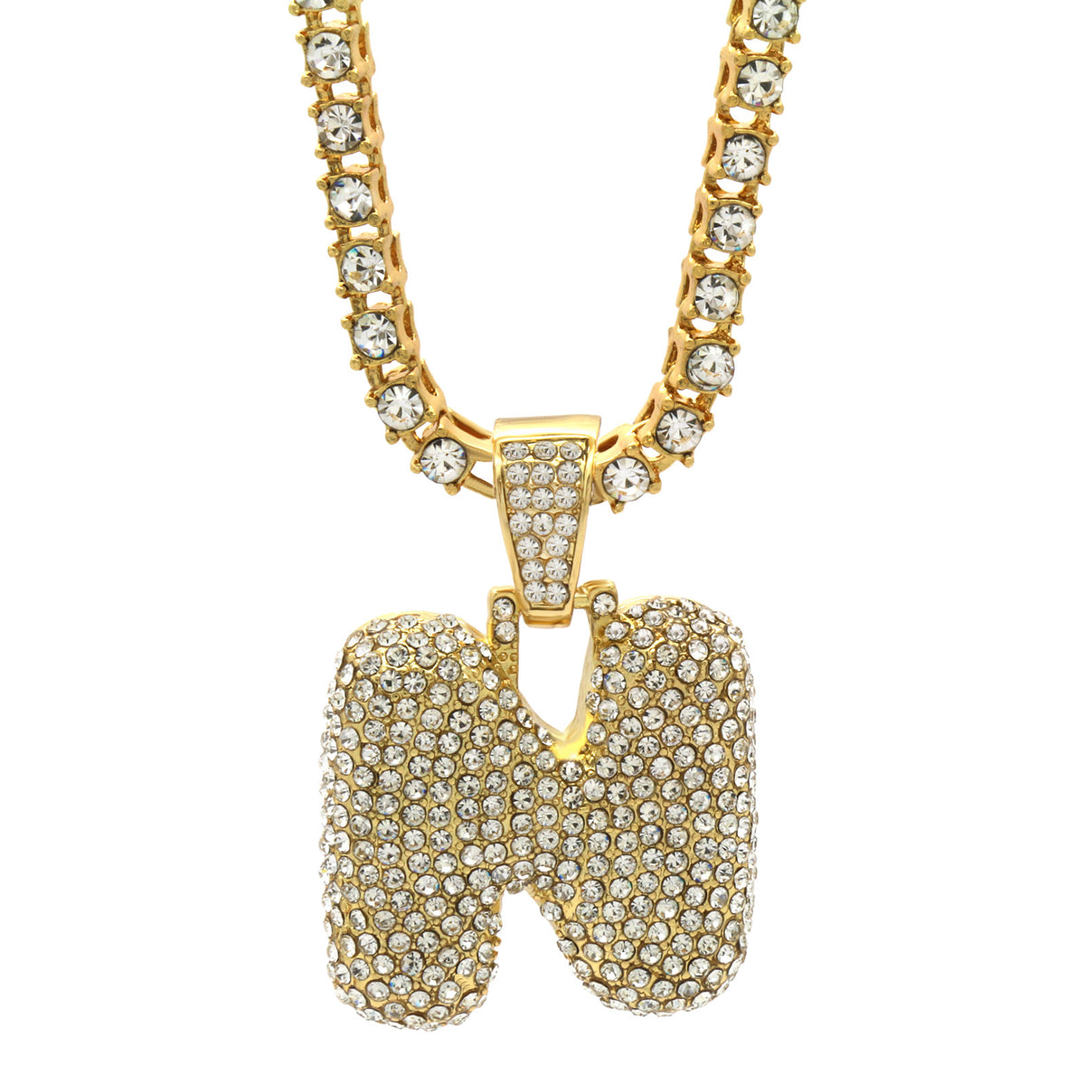 Alphabet Bubble Letter Pendant CZ 5mm 24" Tennis Chain Gold