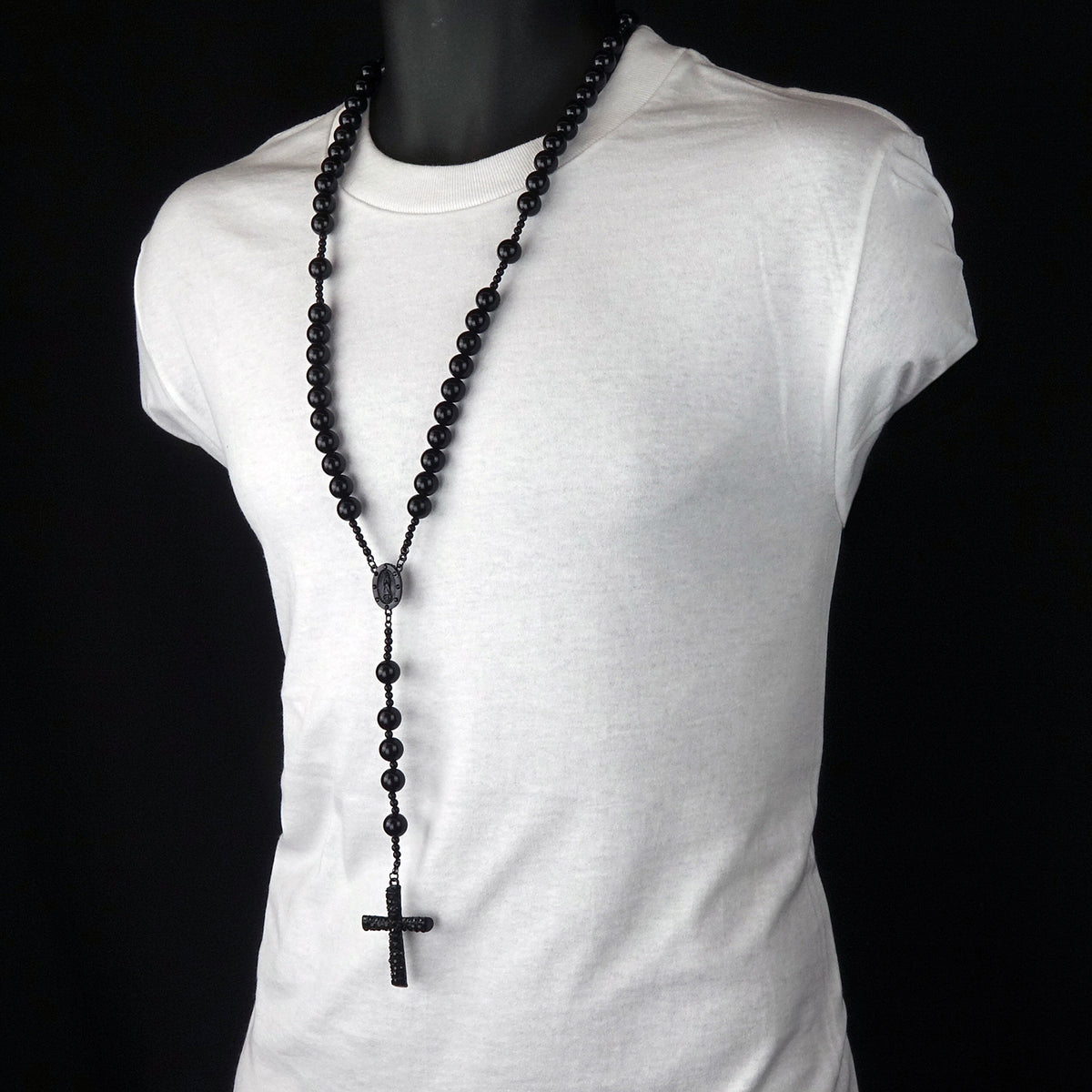 Men's 15mm Black Beads CZ Guadalupe Rosary & Jesus Cross