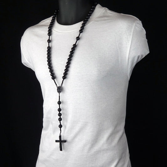 Men's 15mm Black Beads CZ Guadalupe Rosary & Jesus Cross