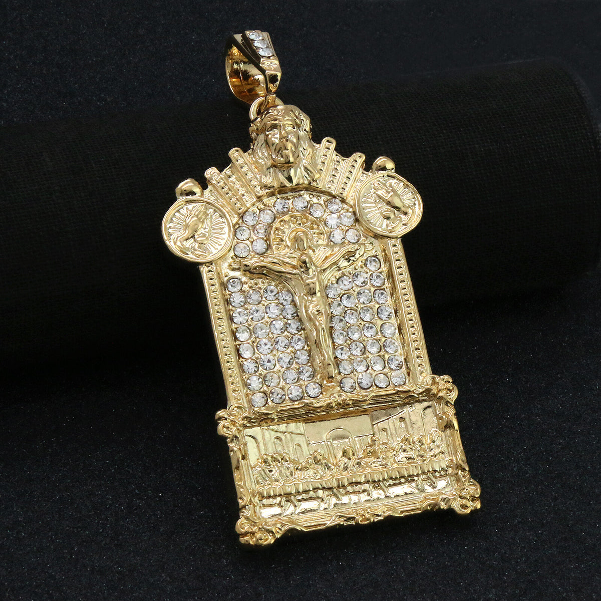 14k Gold Last Supper Jesus Temple Pendant CZ 24" Box Chainn