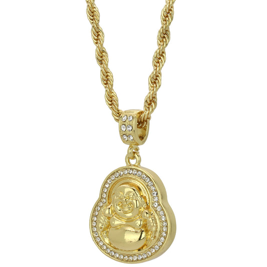 Men's 14k Gold Buddha Pendant CZ Rope Chain