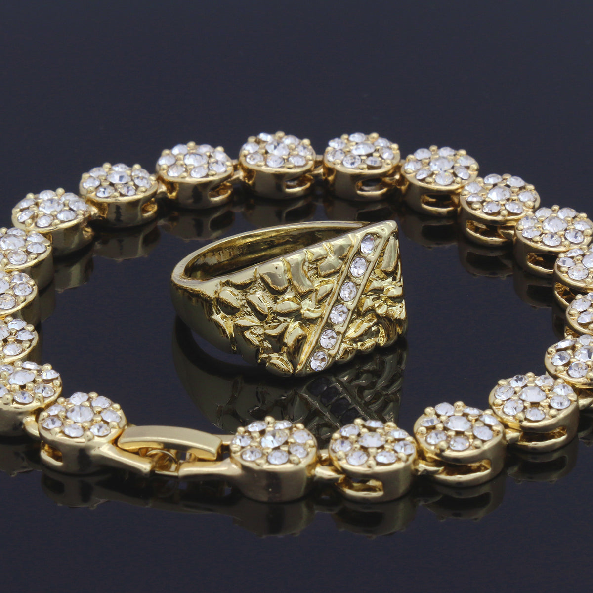 Men 2pc Cluster CZ Bracelet Iced Nugget Ring Set 14k Gold