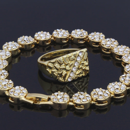 Men 2pc Cluster CZ Bracelet Iced Nugget Ring Set 14k Gold