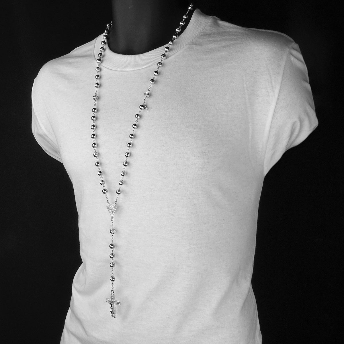 8mm Silver Beads D-shape CZ Rosary & Jesus Cross