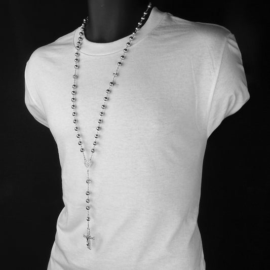 8mm Silver Beads D-shape CZ Rosary & Jesus Cross