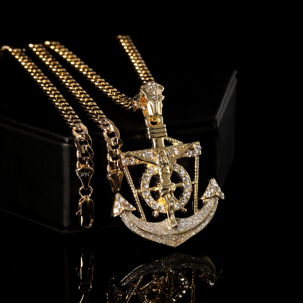 Jesus Anchor Pendant Silver Stardust Iced CZ Gold Cuban Chain