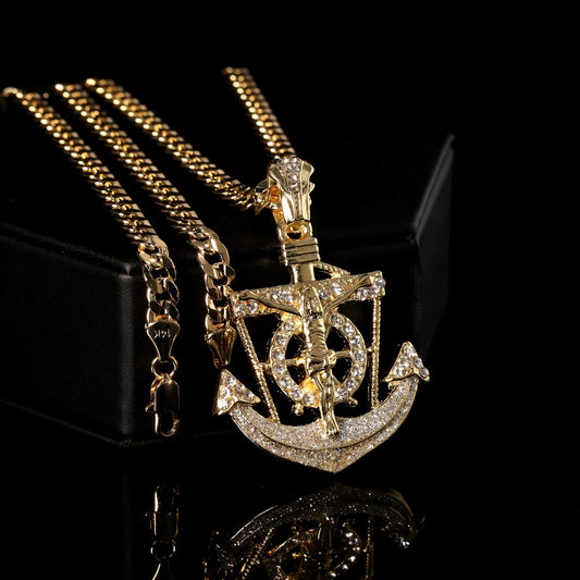Jesus Anchor Pendant Silver Stardust Iced CZ Gold Cuban Chain