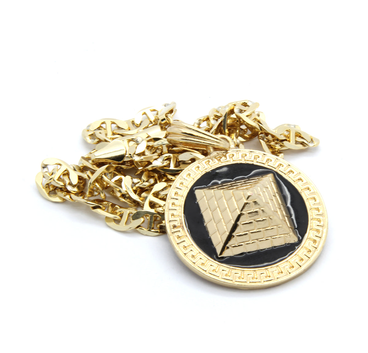 Men's Round Pyramid Pattern Gold Black 24" Gucci Chain Pendant Necklace