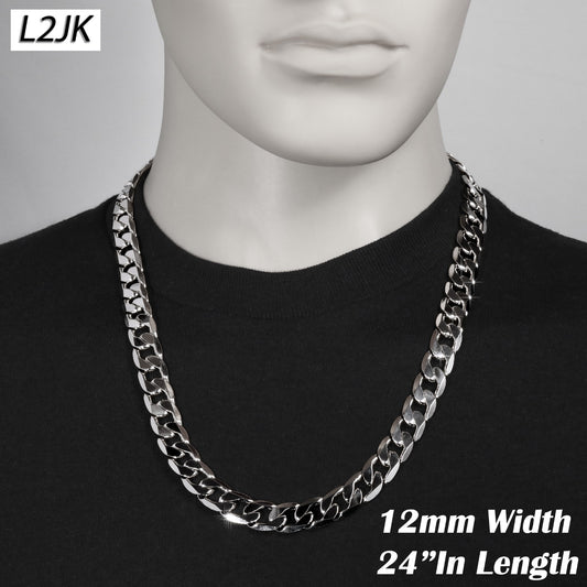 925 Silver & 14k Gold Curb Cuban Link Chain 12mm - 24"In Men's Necklace