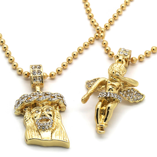 Men's Gold Jesus Angel Piece Combo Set CZ Pendant Chain
