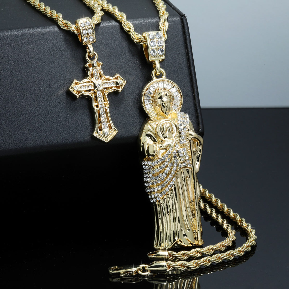 San Judas & Iced Hollow Sharp Cross CZ Gold 4mm Rope Chain