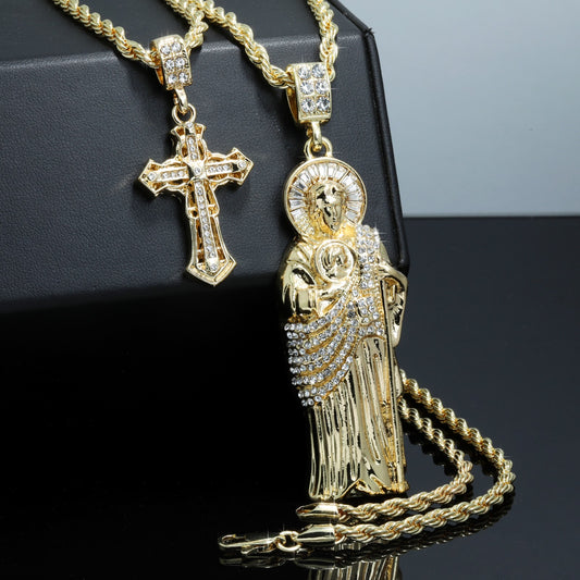 San Judas & Iced Hollow Sharp Cross CZ Gold 4mm Rope Chain