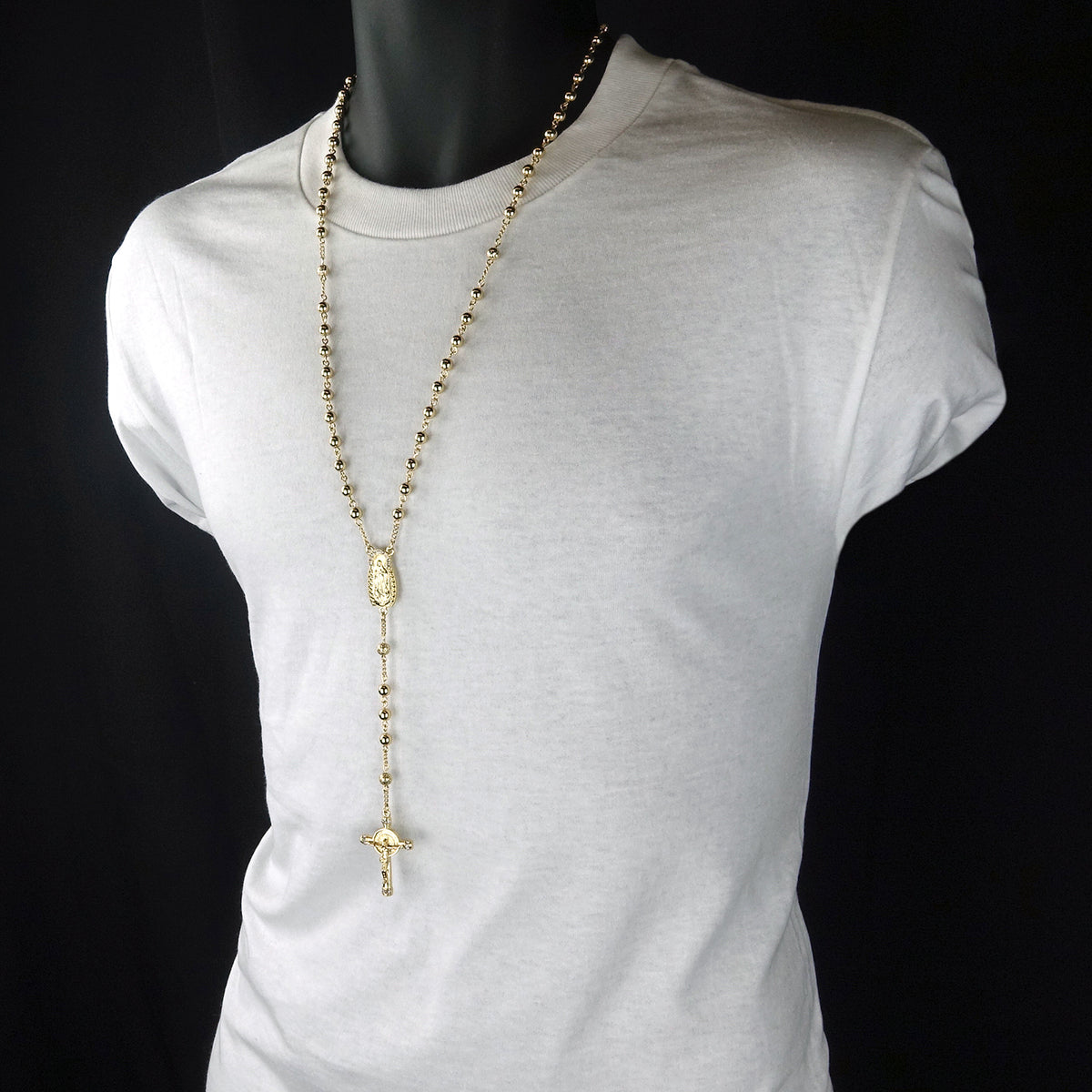 CZ 5mm Gold Beads 14k (Guadalupe) Rosary & Jesus Cross Men's