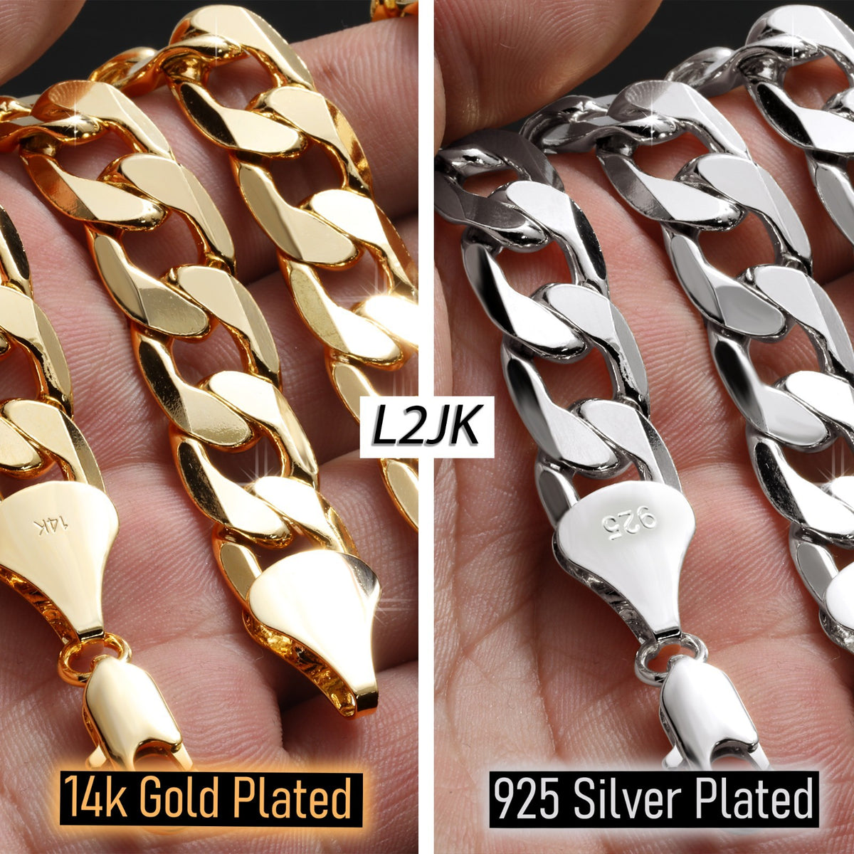 925 Silver & 14k Gold Curb Cuban Link Chain 12mm - 24"In Men's Necklace