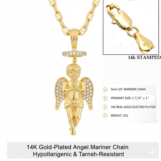 Gold Tone CZ Halo Prayer Angel Necklace – 14k Gold Mariner Chain